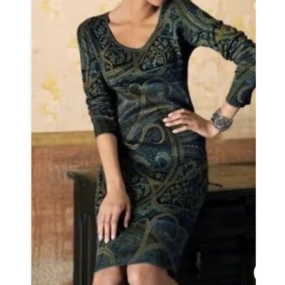 Peruvian Connection Kashmiri Pima Cotton Paisley Knit Sheath Dress Teal Gold M